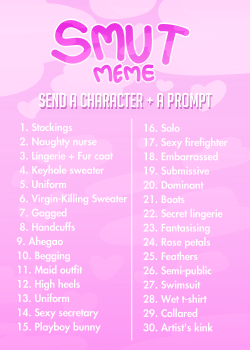 galacticvaporeon:  sidebloggable:A smut art meme, in the same vein of the gore meme, with outfit/theme prompts! Remember to specify if you’re uncomfortable with any of the prompts, and tag art appropriately when finished.  