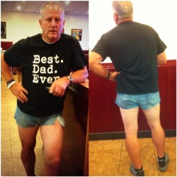 the-absolute-funniest-posts:  m-yley: My mom told me to change my “slutty” shorts before we went to dinner. I said no. So my dad cut his jeans to fit in. We went to dinner and then mini golf like this.  This post has been featured on a 1000Notes.com