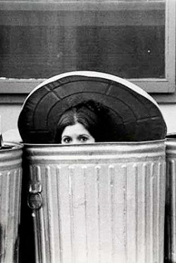 theprincessleia:   Carrie Fisher hiding in the trash cans on the backlot of the Star Wars set, 1976 Carrie Fisher inside a trash can while doing promotion for The Empire Strikes Back, 1980 