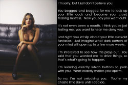 clickthelock:  I’m sorry, but I just don’t believe you.You begged and begged for me to lock up your little cock and become your cruel, teasing mistress.  Now you say you want out?  Lots of dark corners in my mind. Let&rsquo;s go find them together.