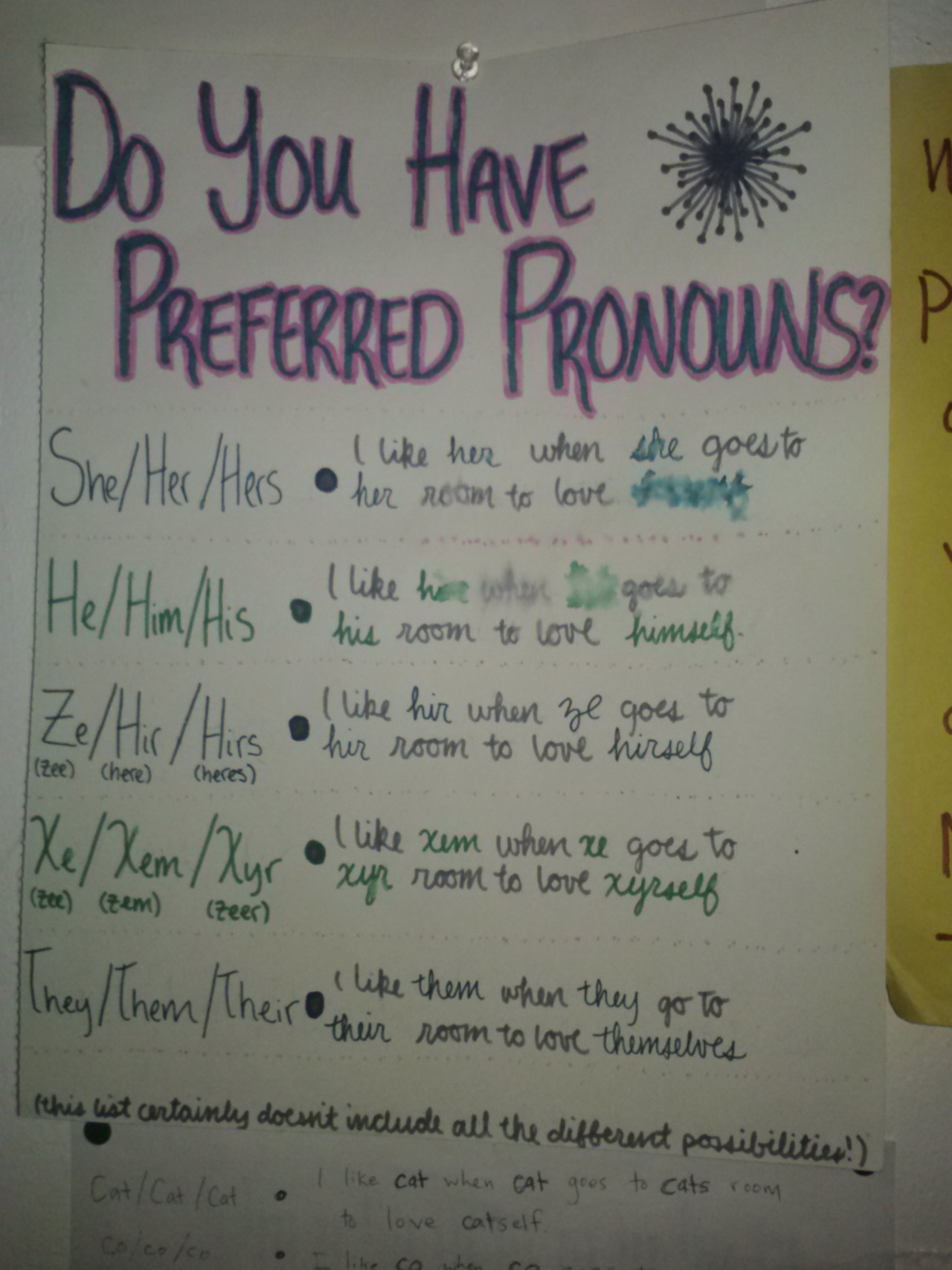 Photograph of poster advocating respect for preferred gender pronouns.