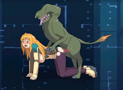 Busty anime hentai blonde with big tits getting raped by an alien doggy style.