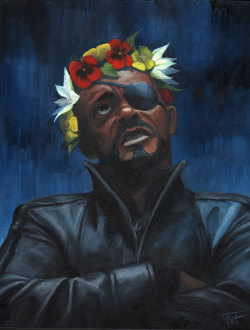 maskedfangirl:  So that happened. Nick Fury with a flower crown, oil on illustration board, 11x14”.  