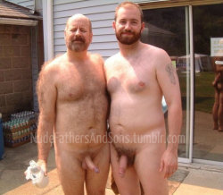 nudefathersandsons:Real father and son nudists…. dad looks a little turned on.