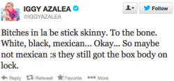 be-blackstar:  garlicbeauty:  egg-licker:  stayingwoke:   So Iggy Azalea is running around town, saying that  Beyonce using the phrase, “Becky with the good hair is racist”… girl go sit down with your irrelevant racist ass.  But before you do…