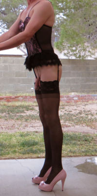 boistretcher154:  tgirlinthemirror:  yoursissyfag:sissyslut faggot  plays in her pretty sheer bustier nightie thigh high stockings and fuck this bitch high heels Posing outside is soooo much fun! Just the chance of possibly being seen…!    Her clitty