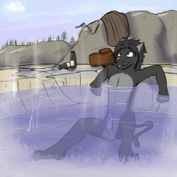 Khadaj Blackpaw, a khajiit hunter who seems to be enjoying himself in the hotsprings outside Windhelm.