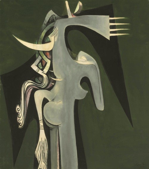 alaspoorwallace:  Wifredo Lam (Cuban, 1902-1982), Femme cheval [Horse-headed Woman], 1950. Oil on canvas, 123.5 x 108.8 cm  