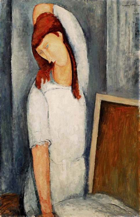 artist-modigliani: Portrait of Jeanne Hebuterne with her Left Arm Behind her Head, 1919, Amedeo Modigliani Medium: oil,canvas  https://painted-face.com/