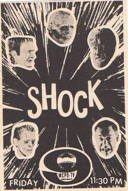 torontocrow:  Shock Theater tv guide advert. The 1957 TV showings of classic horror films, gave birth to a generation of monster-loving kids. 