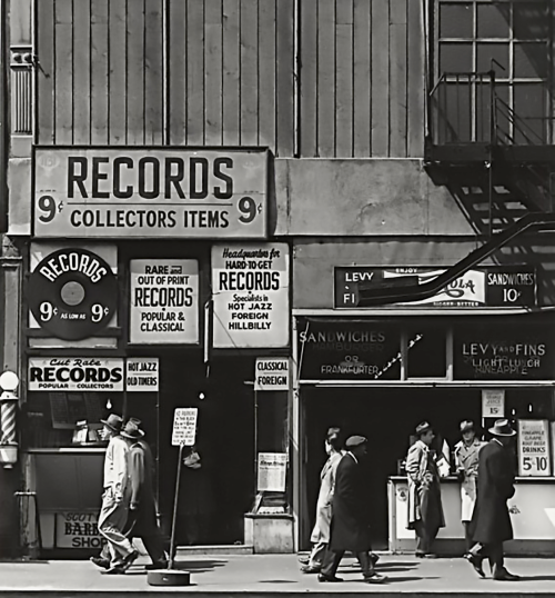 chrisgoesrock:  Record Store - Sixth Avenue between 43rd and 44th Streets, April 23, NY, 1948(Any who have a time machine for good Blyes artists)