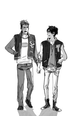seventypercentethanol:  They might be arguing about starting a band in Eren’s dad’s basement. (Twitter list got me super invested in boyfriend letterman jacket swapping. Also. [x]) 