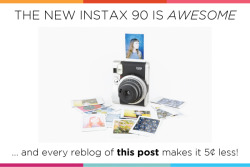 crablouse:  imsarahcate:  photojojo:  Been hankering for one of the new Instax Mini 90 Instant cams? Reblog this post and we’ll drop the price by 5¢ for every reblog! The lowest it can go is FREE DOLLARS. We’ll change the price as the reblogs rise.