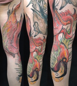 electrictattoos: sufferme: THE CAREFUL NAVIGATION OF DESTRUCTION. finished Rachel’s (of Ann Arbor, MI) leg today… never in my life thought I’d be this pumped on a flamingo. but I is. mike moses www.thedrowntown.com #mikemoses #thedrowntown #hollowmoon