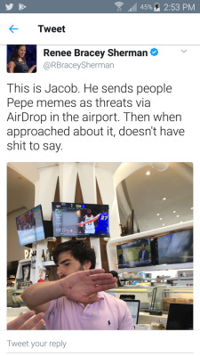 onlyblackgirl:  vivaladivatracy:  vivaladivatracy:  Racist caught sending pepe memes at airport. Outed all over Twitter.  Damn. This post looks like it loaded twice. Sorry for the repeat.  Okay but what kinda tech lit ass airport is this? Shit got 45
