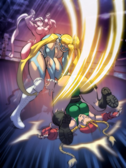 zeon-kaiju:R. Mika bringing the pain to Cammy White in this upcoming card art from the Street Fighter miniature game from Jasco games.