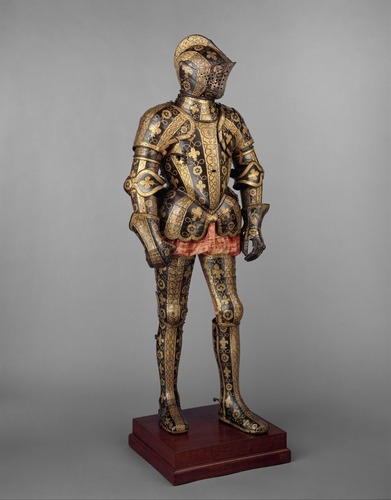 met-armsarmor:  Armor Garniture of George Clifford (1558–1605),  Third Earl of Cumberland, Jacob Halder, 1586, Metropolitan Museum of Art: Arms and ArmorMunsey Fund, 1932Size: H. 69 ½ in. (176.5 cm); Wt. 60 lb. (27.2 kg)Medium: Steel, gold, leather,