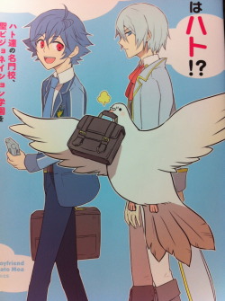 zoeyhoshi:   Buy the manga from Amazon.co.jp! Artwork and manga by Hato Moa (Moa810)  Back of the manga’s dust cover. I thought Sakuya would have been a bit taller since he’s French and Ryouta is Japanese but then again, they are all birds in the