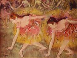impressionism-art-blog:  Dancers Bending Down via Edgar DegasMedium: pastel