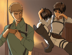 barlee:  haha, found this old pic I scrapped….Eren:” This plan sucks. You looks nothing like me.”Jean: “Thank god for that.”