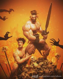 albron111: Hello,   Patrons’ vote for December: “A huge Barbarian”  Here’s my first image of December.  I wanted to get a Frazetta feeling to it, where Barbarians were shown with Amazon queens at their feet… This time, it’s a scared prince