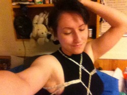 wombats-echo:  Last chunk of photos for a bit, I think. I don’t have rope but some very soft thick yarn and wanted to figure out how to shibari. Kinda lopsided, but otherwise I did the thing. ☺️