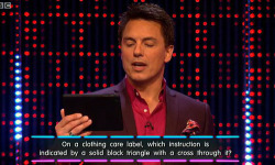 madamethursday:  [Image: Four gifs showing John Barrowma and another man, white balding and middle aged, on a game show speaking as Barrowman asks a question and the man attempts to answer. The conversation goes as follows: Barrowman: On a clothing label