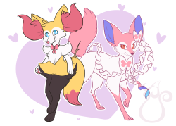 askpamperedsylveon:SPECIES SWAPToulouse as a Braixen and Marie as a Sylveon.I was gonna make Marie cat-like but since I made her fox-like as an arcanine for another species swap thing I decided she’d stay a fox as an eeveelution too.I never wanna draw
