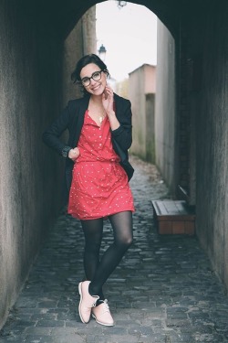 razumichin2:  Casual and stylish in short red dress, black jacket, black tights and pink sneakers