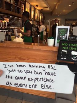 jumpingjacktrash:   micdotcom:  Starbucks employee goes above and beyond for customer who’s hard of hearing A gesture of goodwill from a Starbucks barista in Virginia has been getting tons of love on Facebook  employee at a Leesberg location handed