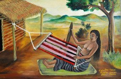   Mixtec Weaver OaxacaThis painting by a young artist from Pinotepa de Don Luis, Oaxaca depicts a Mixtec woman from that town weaving fabric for one of the famous pozahuanco skirts of the community. The Mixtec women who live in the this hot, humid region