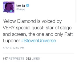 commanderalexandra:  Yellow Diamond’s voice actress confirmed as Patti Lupone by Ian Jones-Quartey on twitter   Lmao I thought they were inviting Aunt Patti and I screamed