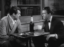 thefilmfatale:The scene in The Philadelphia Story where James Stewart’s character is talking to Cary Grant while drunk, Stewart decided to start hiccuping in the scene and didn’t tell Grant. When he starts hiccuping, you can see Cary Grant looking