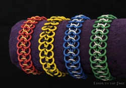 links-to-the-past:  Bracelets sporting Hogwarts house colors were among our very first fandom-related creations. Crimson and gold represent Gryffindor, where dwell the brave at heart, while Hufflepuff’s just and loyal badgers are portrayed by their