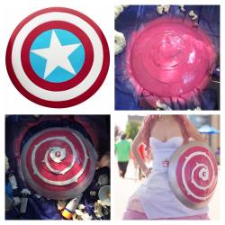 How I made my Rose Shield! step one : get yo’ self a captain america sheild, step  two: glue a circle of craft foam to cover the ugly out-dented star (not pictured)step two: cut out the vine design from more craft foam and glue into place   (not