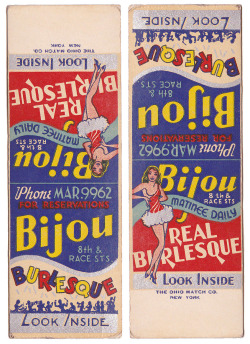 Vintage 50’s-era matchbook for the ‘BIJOU Theatre’ in Philadelphia, Pennsylvania; located at the corner of 8th and Race Street.. Printed inside the matchbook was a free &ldquo;ADMIT TWO&rdquo; coupon, that could be redeemed for any weekday Burlesque