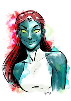 roricomics: Quick sketch of the lovely and deadly Mystique! I always liked her forehead skull outfit, the colors/ shapes work so well together. 