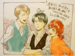 New sketch of Farlan, Levi, and Isabel by Yamada Ayumi, chief animation director of Shingeki no Kyojin season 2 (And animation director for the A Choice with No Regrets OVA)! The sketch commemorates the TV broadcast of ACWNR on Tokyo MX channel in Japan