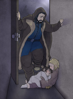 kaciart:   babybirdblues said: a young Fili and Kili proudly displaying their growing in beards to their mother? or Thorin coming in from a hunting trip and nearly tripping over sleeping baby dwarrows in the doorway waiting for him to come visit?  ♥