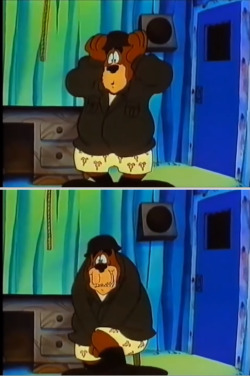 One of Cyril Sneer&rsquo;s bear soldiers in the Raccoons and the Lost Star. &hellip;is it&hellip; Cyril&rsquo;s face printed on this guy&rsquo;s boxers? *facepalm* It&rsquo;s not even the only time you see those. Spoiler : on two other occasions, Bert