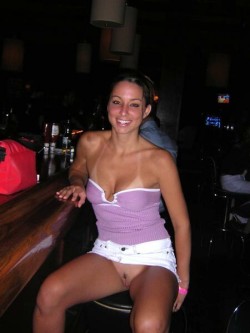 peepys-roadrunner:  Slut hotwife at the bar flashing her shaved cunt to whoever wants to see!  It won’t be long before she’s getting her pussy filled with hot cum!   Nice evening out