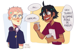 moeskine:  y: Hey tsukki, i got you strawberry atole.t: ah…thanks…t:/ googling “atole” at the speed of light   mexican!yamaguchi &amp; strawberry blond tsukki  