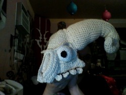 IT&rsquo;S FINISHED FINALLY All crocheted and sewn together! I might add some little nubbies around the broken horn but wow I need a break. QUESTION:Should I make a second eyeball for the empty socket or blush in some black to make it look empty?