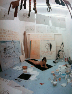 likeafieldmouse:  Tracey Emin - Exorcism of the Last Painting I Ever Made (1996) “Tracey Emin lived in a locked room in a gallery for fourteen days, with nothing but a lot of empty canvases and art materials, in an attempt to reconcile herself with