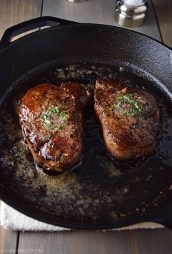 equalpartsswaggerandsmarts:  PAN-SEARED FILET MIGNON WITH GARLIC &amp; HERB BUTTER RECIPE  How could I not post a recipe for pan seared filets from a site names Kitchen Swagger?!?!? These people know their way around a steak. Enough said….see it all