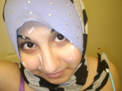 spermafacials:  wife with hijab gets her face sprayed with jizz 