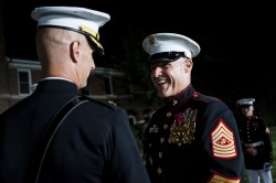 ceebee23:  WASHINGTON, D.C. - Sgt. Maj. Micheal Barrett, sergeant major of the Marine Corps, speaks with Maj. Brent Hampton, member of the Marine Barracks Washington, D.C. parade staff, after a parade held at the Barracks, in honor of the 60th anniversary