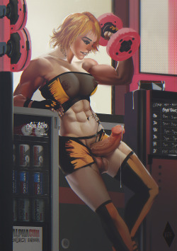 the–kite: Speed painting commission for Supro! Starring the gorgeous Rylee working out in the Alpha Bitches gym close to an energy drinks vending machine. She could use the refreshment!. Next picture may be a Vault-Girl! Rylee belongs to Supro  