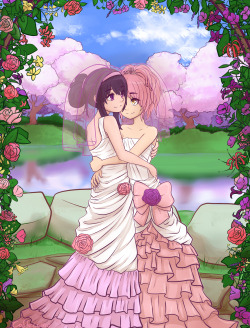 caffeccino:  Madohomu Marriage celebrating true love between them~  But wait until the wedding night! / v \ This was the most involved and difficult thing I’ve ever drawn @ v @ and I’m super pleased with it! Madoka’s dress is based off of the official
