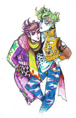 noxxigirl:  Traditional commission for stars-lament psst joseph stole diavolo’s pants shhh. ghhhhhhh this took me longer than i thought it would but it’s DONE. also, bomber jackets. i like bomber jackets. 